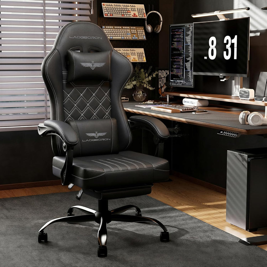 Ergonomic Gaming Chair with Retractable Footrest, High Back Video Game Chairs Computer Gaming Chairs with Headrest and Lumbar Support 400 lbs Linked Armrests Adult Chair (Black)