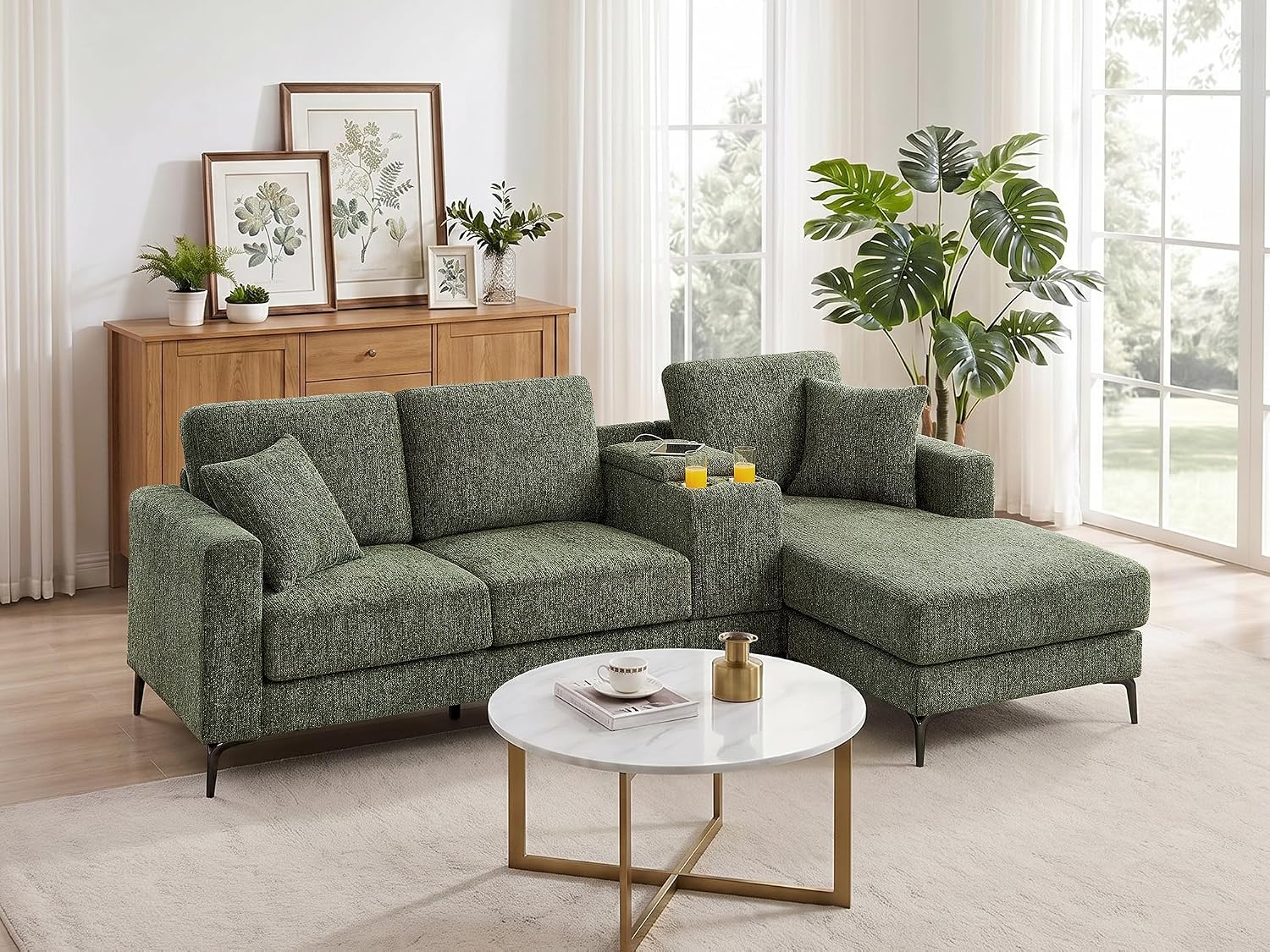 99.21" L Shaped Sectional Sofa with Convertible Chaise, Chenille Modern Modular Couch with Storage Box, USB & Type C Port, 4-Seater Cloud Sofa with Metal Legs for Living Room, Apartment, Green