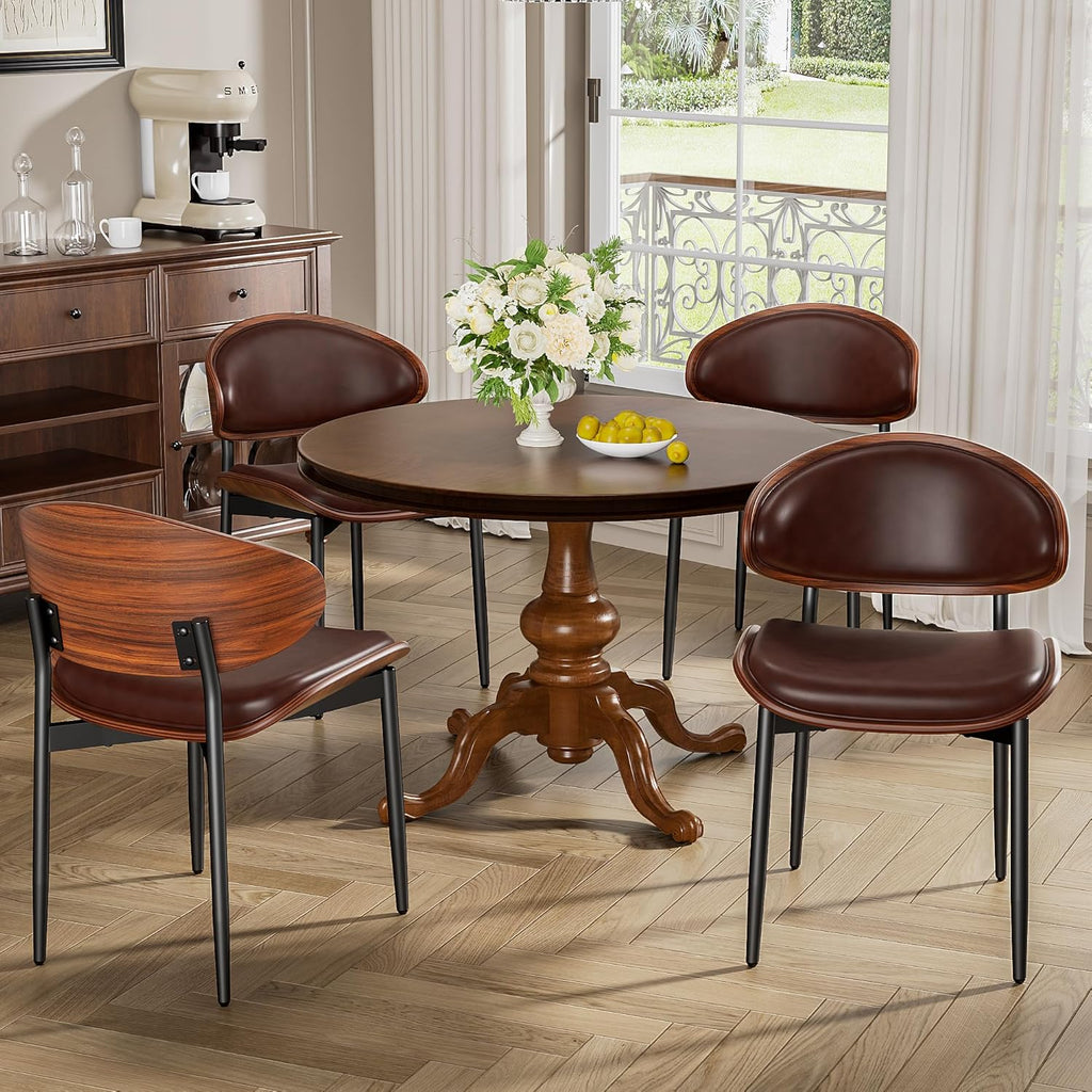 YaFiti Dining Chairs Set of 6, Dining Room and Kitchen Chairs, Mid Century Modern Retro Chair, Upholstered PU Leather Chairs for Vanity with Walnut Bentwood and Metal Legs(Brown)