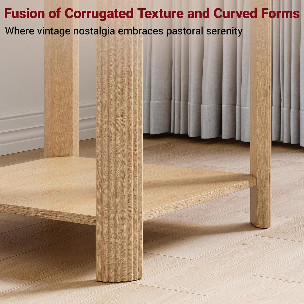 2Pcs 2 Tier End Table with Vertical Wave Grain Legs, 22.1'' Boho Square Side Table for Small Spaces Living Room Bedroom Home Office Oak