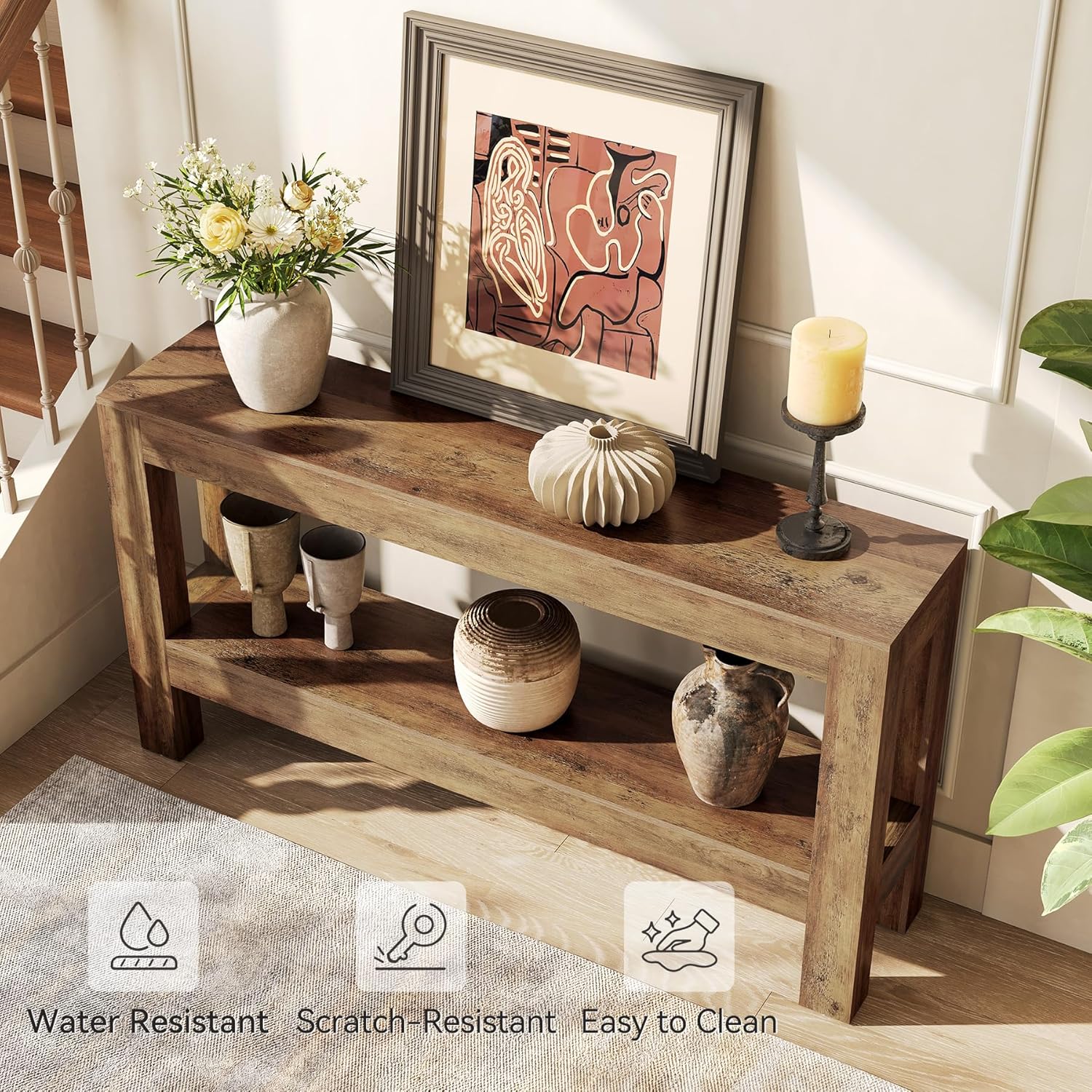 LITTLE TREE 63-Inch Entryway Console Table, Long Farmhouse Narrow Sofa Table for Living Room, Hallway, Entry, Entrance, Foyer, Behind Couch with 2-Tier Shelves, Rustic Brown