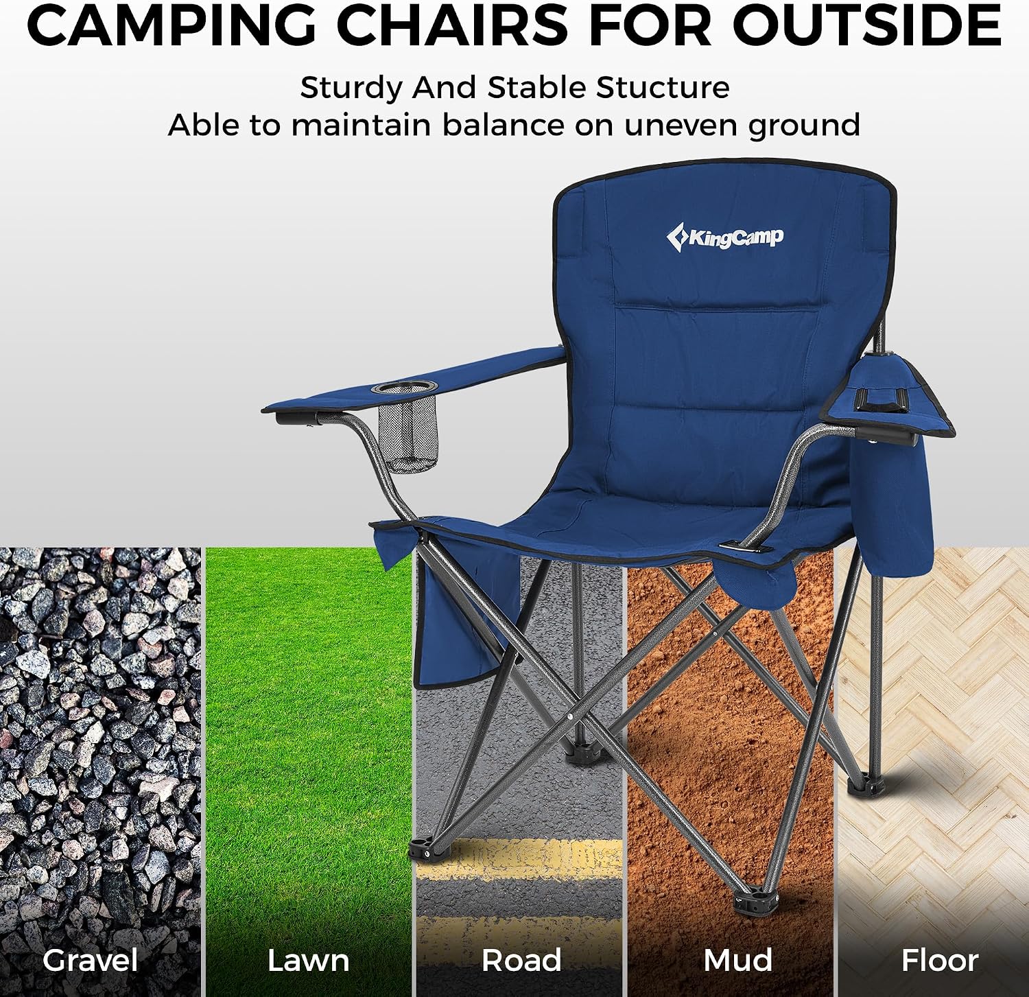 KingCamp Oversized Heavy Duty Camping Chair, Padded Folding Lawn Chair with Cooler Bag & Cup Holder, Portable Outdoor Chair with Lumbar Support for Tailgating Sports Patio Beach, Blue
