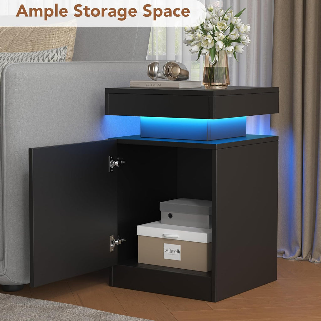 Nightstands Set 2, 15 Inches LED Night Stand Set of 2, Modern Bedside Table with LED Lights, High Gloss Surface, End Table with Storage for Bedroom, Black