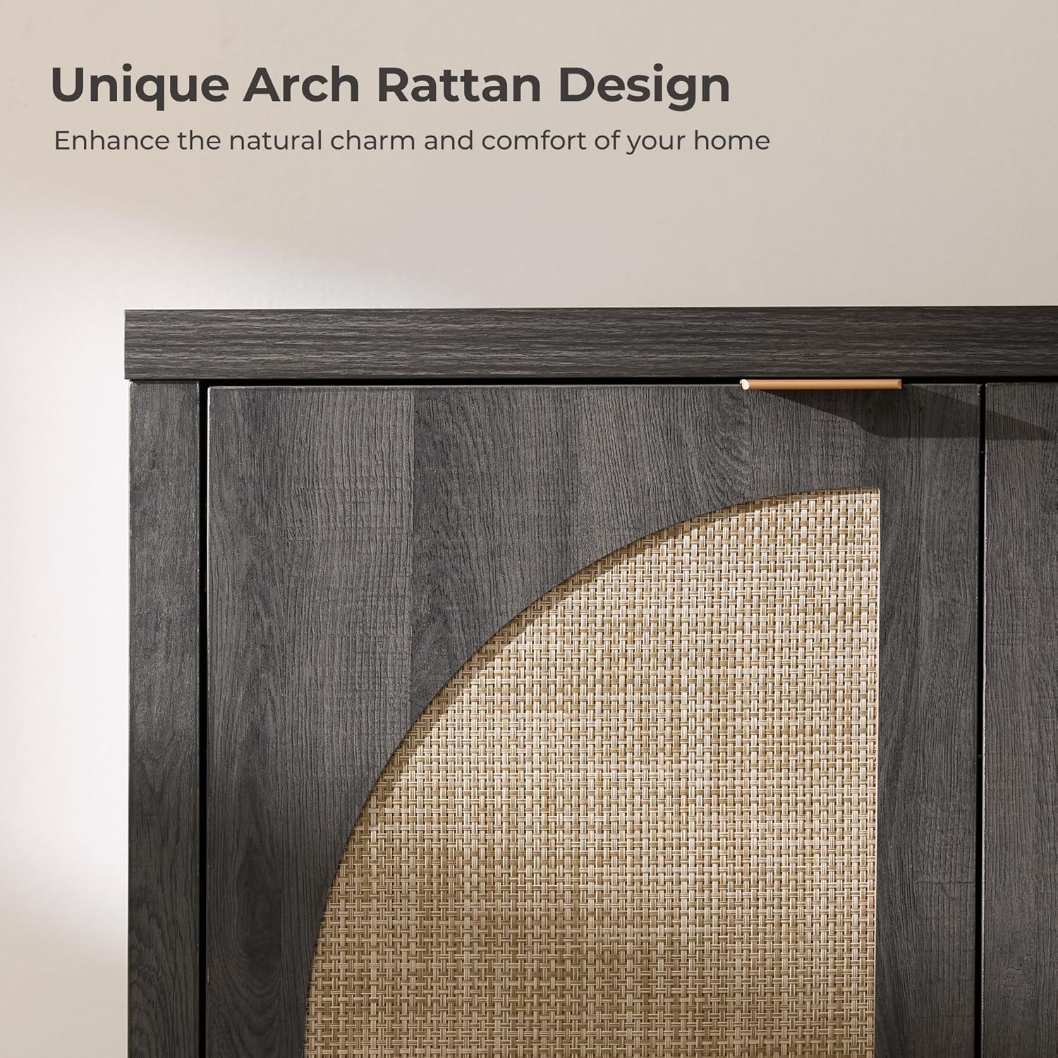 SICOTAS 68" W Rattan Sideboard Buffet Cabinet with Storage Set of 2, Modern Credenza with Arch Doors & Shelves, Boho Coffee Bar Media Console Cabinets for Kitchen, Living Room, Entryway, Black Oak