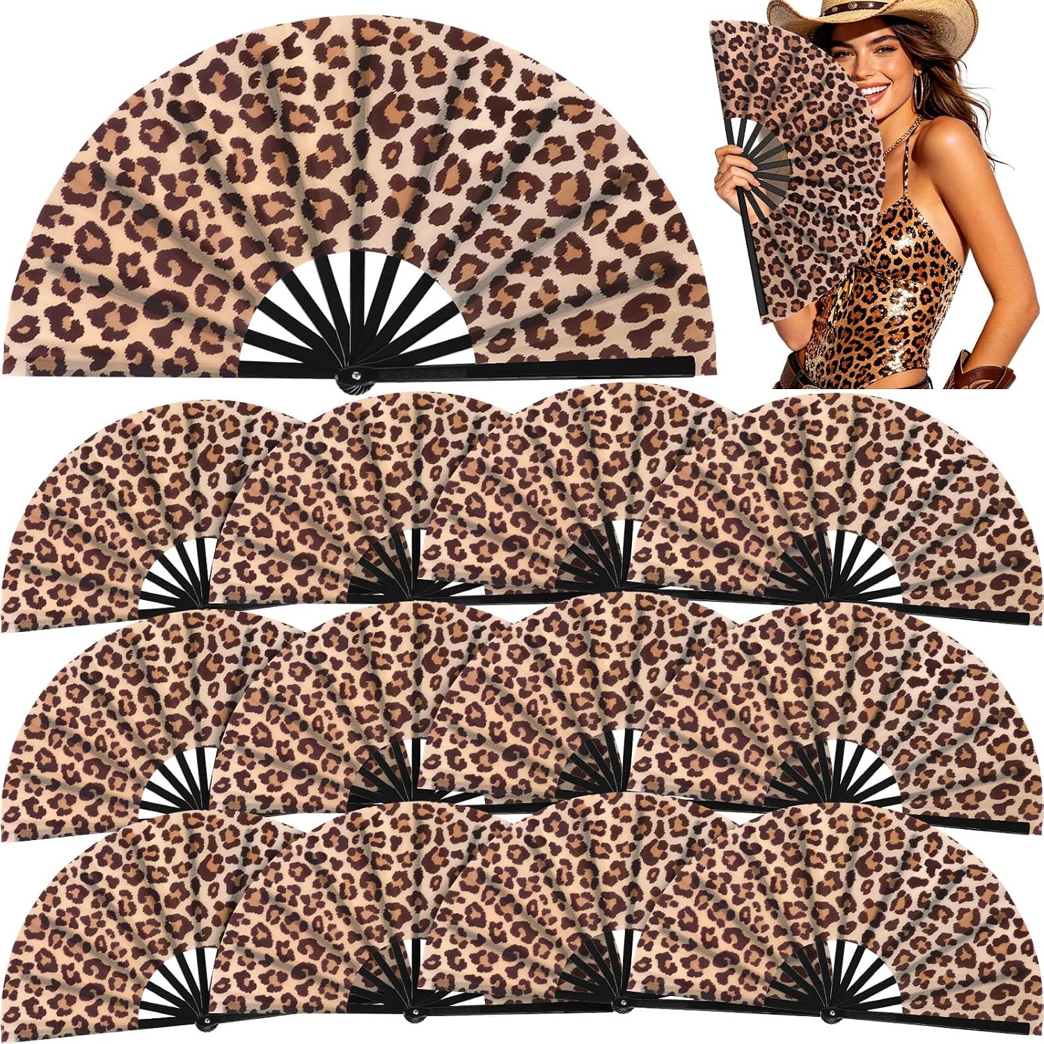Blulu Large Folding Fans for Line Dancing 13 Inch Dance Rave Clack Fans for Line Dancing for Women Men(Leopard,12 Pcs)