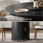 47" Round Dining Table for 6 with Storage (Table Only), Sleek Black Wood Grain, Modern Fluted Ribbed Pedestal, Hidden Cabinet & Lazy Susan, Minimalist Design