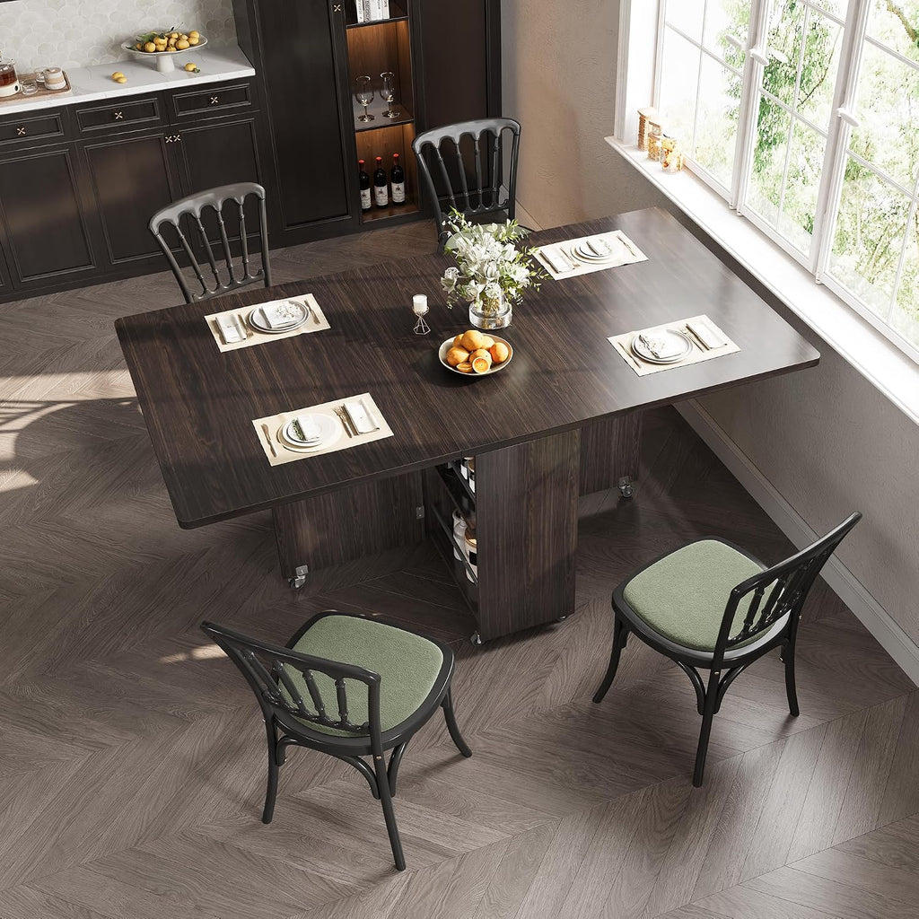 Jocoevol Space Saving Folding Dining Table for 4, Foldable Dining Table with Drawer and Storage Shelf, 6 Wheels Drop Leaf Kitchen Dining Room Table for Small Space (Walnut, 47.2" x 23.6" x 29.9")