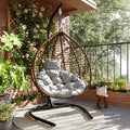 Mirightone Hanging Egg Chair with Stand, Foldable Wicker Egg Swing Chair for Patio Porch Balcony Bedroom, HDPE Rattan Hanging Chair with Plush Cushion, Removable Headrest & Adjustable Feet,Brown+Grey