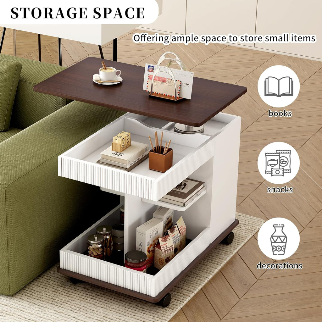 Adjustable End Table with Wheels, Modern Lift-Top Sofa Side Table, 360° Rotating Top & Storage Shelf – Multifunctional Small Space Furniture for Living Room, Bedroom, Office (White)