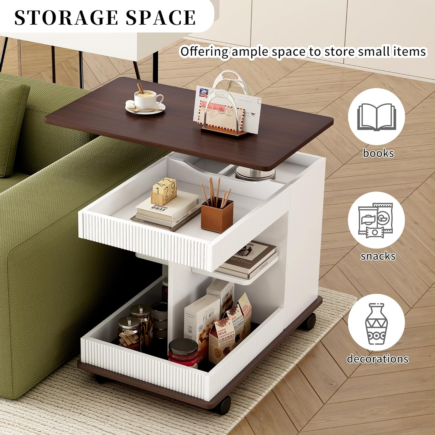 Adjustable End Table with Wheels, Modern Lift-Top Sofa Side Table, 360° Rotating Top & Storage Shelf – Multifunctional Small Space Furniture for Living Room, Bedroom, Office (White)