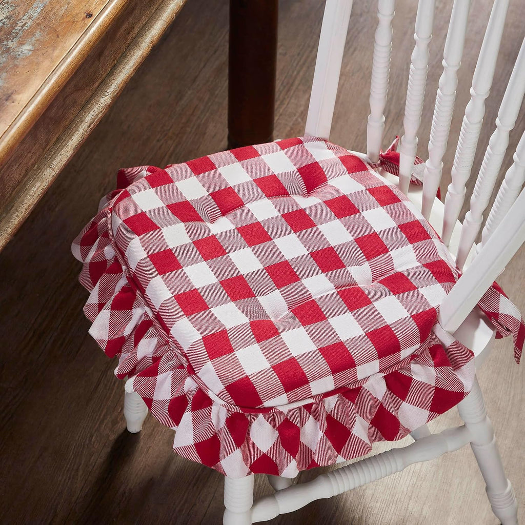 VHC Brands Chair Pad 16.5x18, Cotton Dining Room, Kitchen Chair Pads, Seat Cushion with Ties, Tucked, Annie Buffalo Check Collection, Rectangle 16.5x18, Country Red, Set of 4