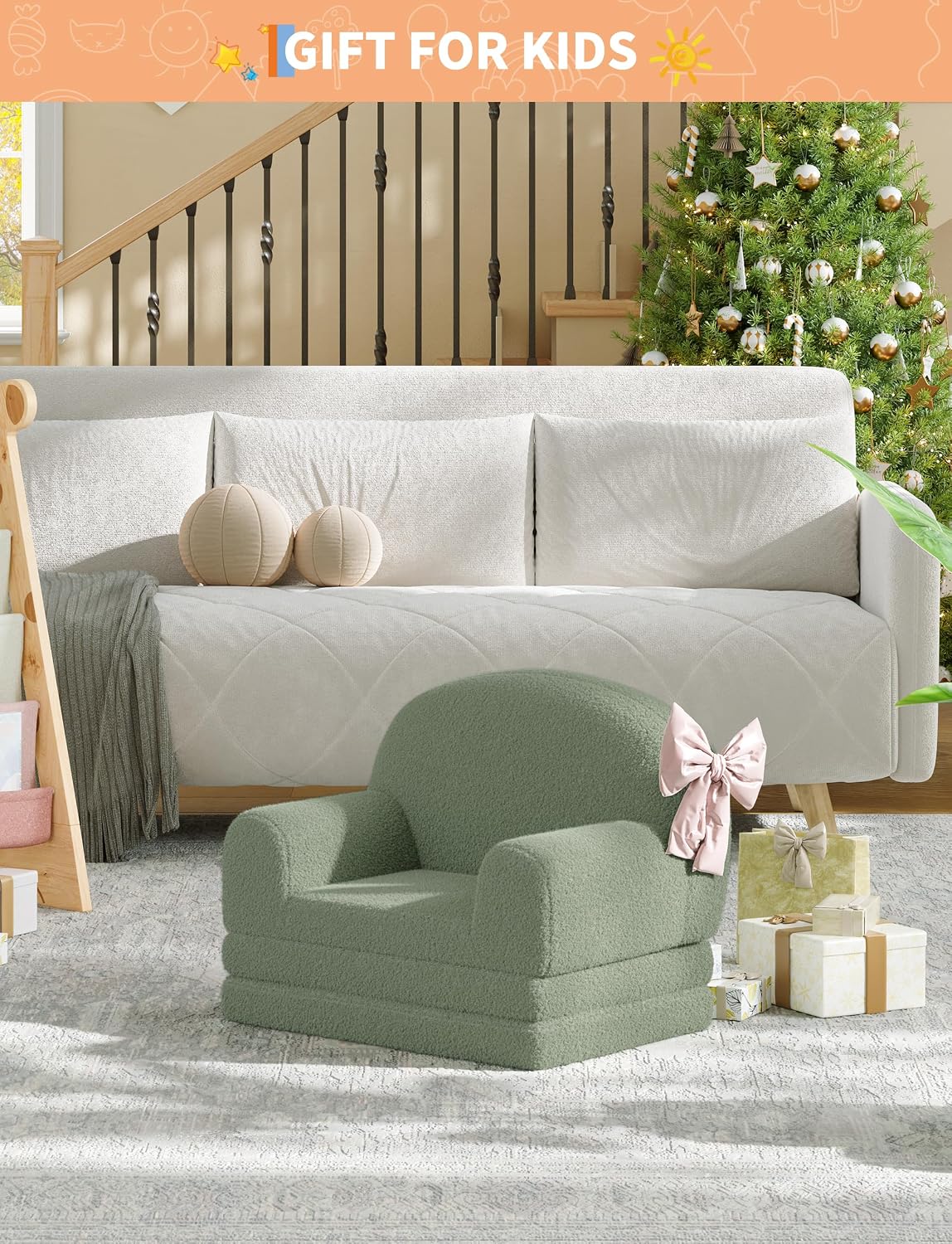 GAOMON Kids Sofa Chair, Sherpa Convertible Toddler Couch with Washable Cover, Crown Design Comfy Children's Reading Chair, Fold Out Sofa Bed for Playroom, Nursery, Girls & Boys (Half Round)