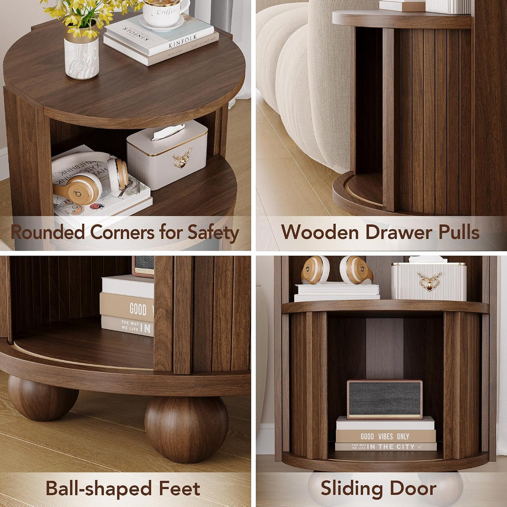 Decofy Modern Round Nightstands Set of 2 with Sliding Doors and 2 Storage Shelves, Modern Bedside End Table, Suitable for Bedroom (Walnut)