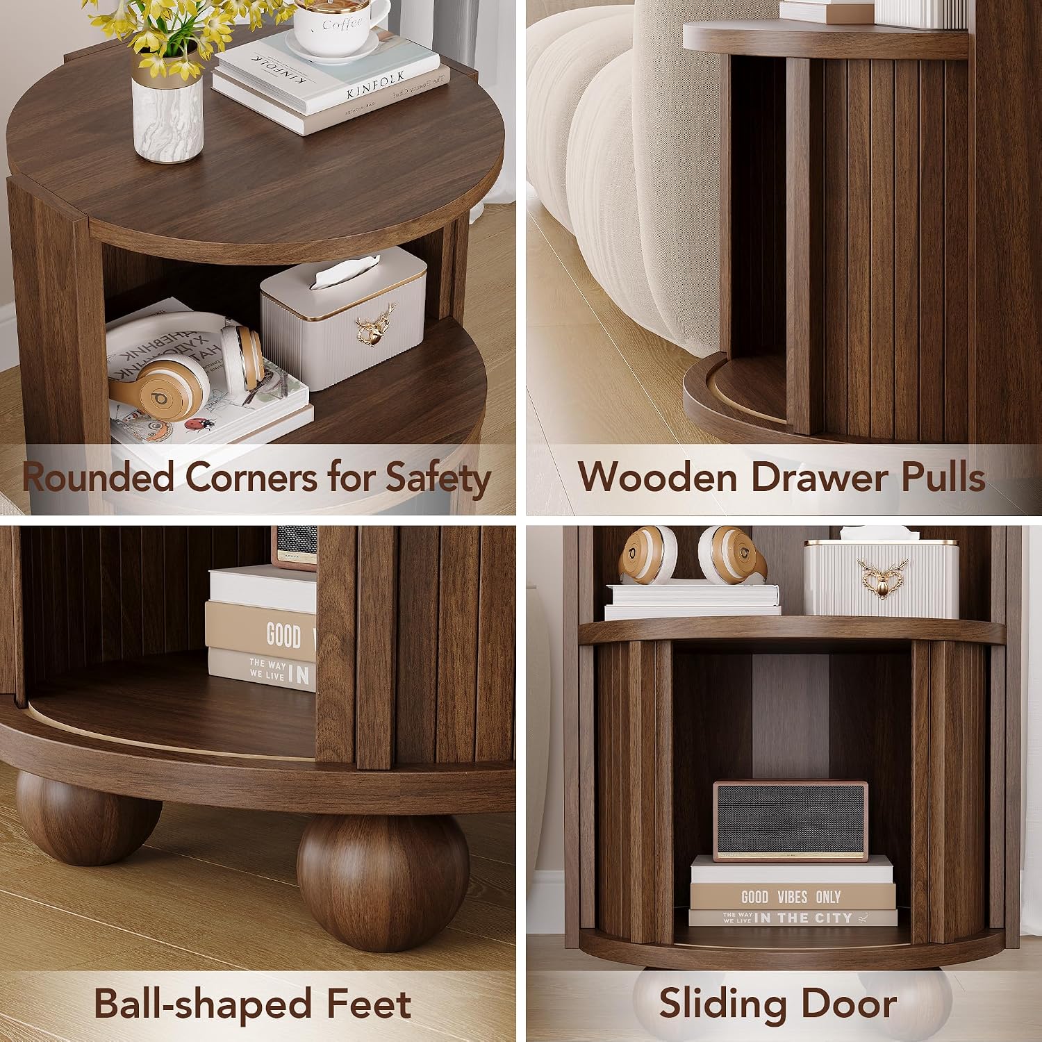 Decofy Modern Round Nightstands Set of 2 with Sliding Doors and 2 Storage Shelves, Modern Bedside End Table, Suitable for Bedroom (Walnut)