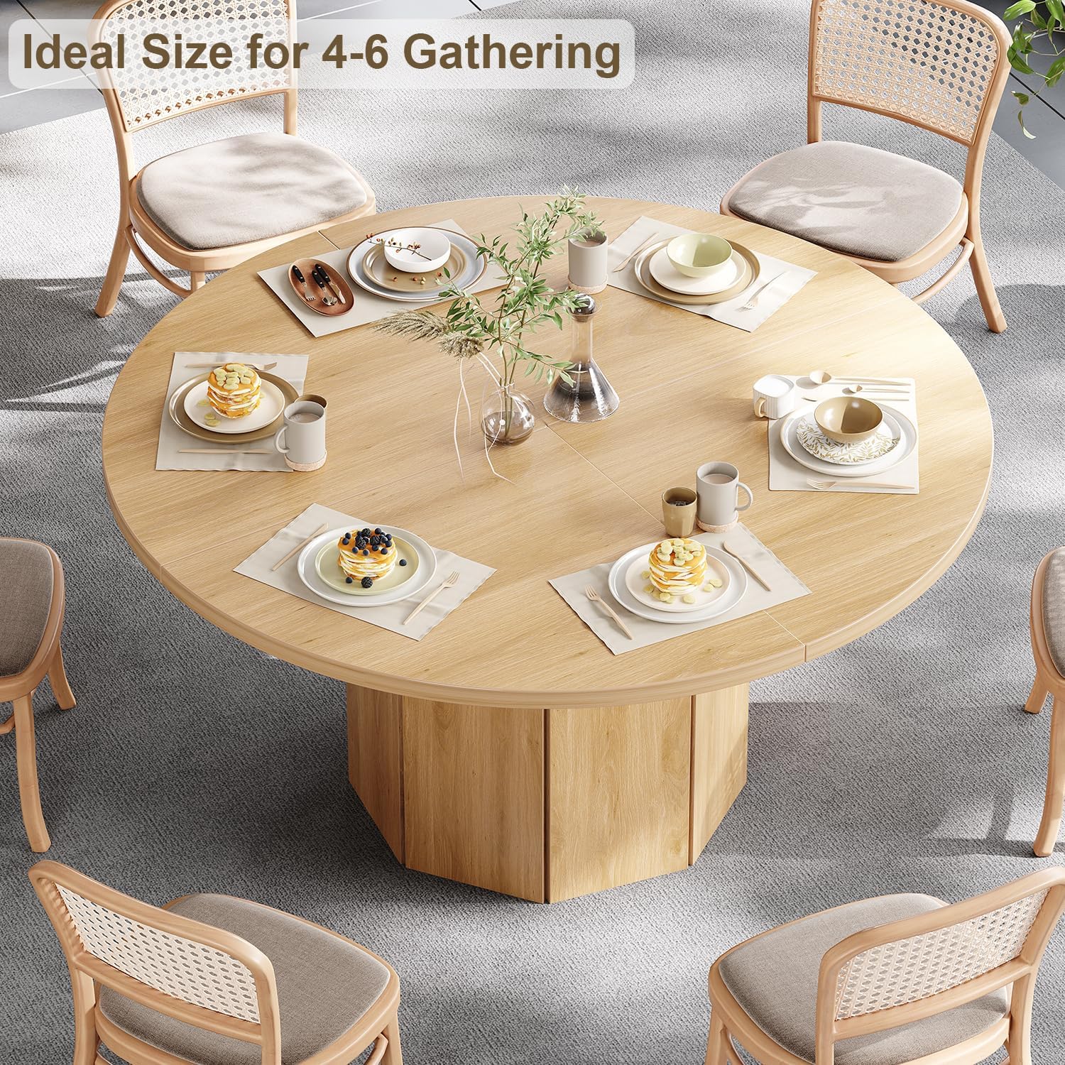 HSH 47” Round Dining Table for 4, Modern Farmhouse Wood Dinner Table with Octagon Pedestal Base, Circular Kitchen Dining Room Table for Home Apartment Living Room, Light Oak