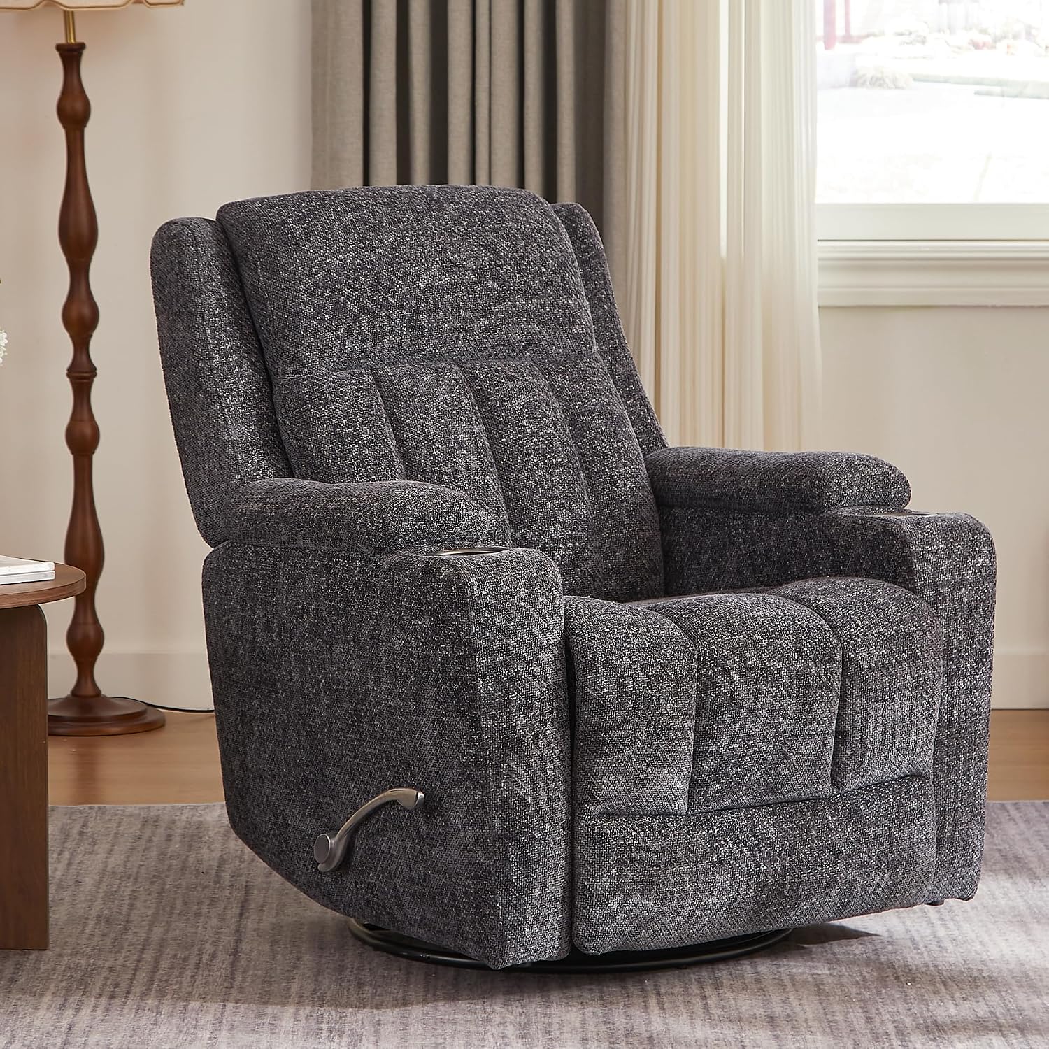 Swivel Rocker Recliner Chair with Dual Cup Holders, 360° Glider Rocking Nursery Armchair, Overstuffed Ergonomic Chenille Reclining Sofa for Living Room, Theater, Gaming, 360 lbs Capacity, Dark Grey