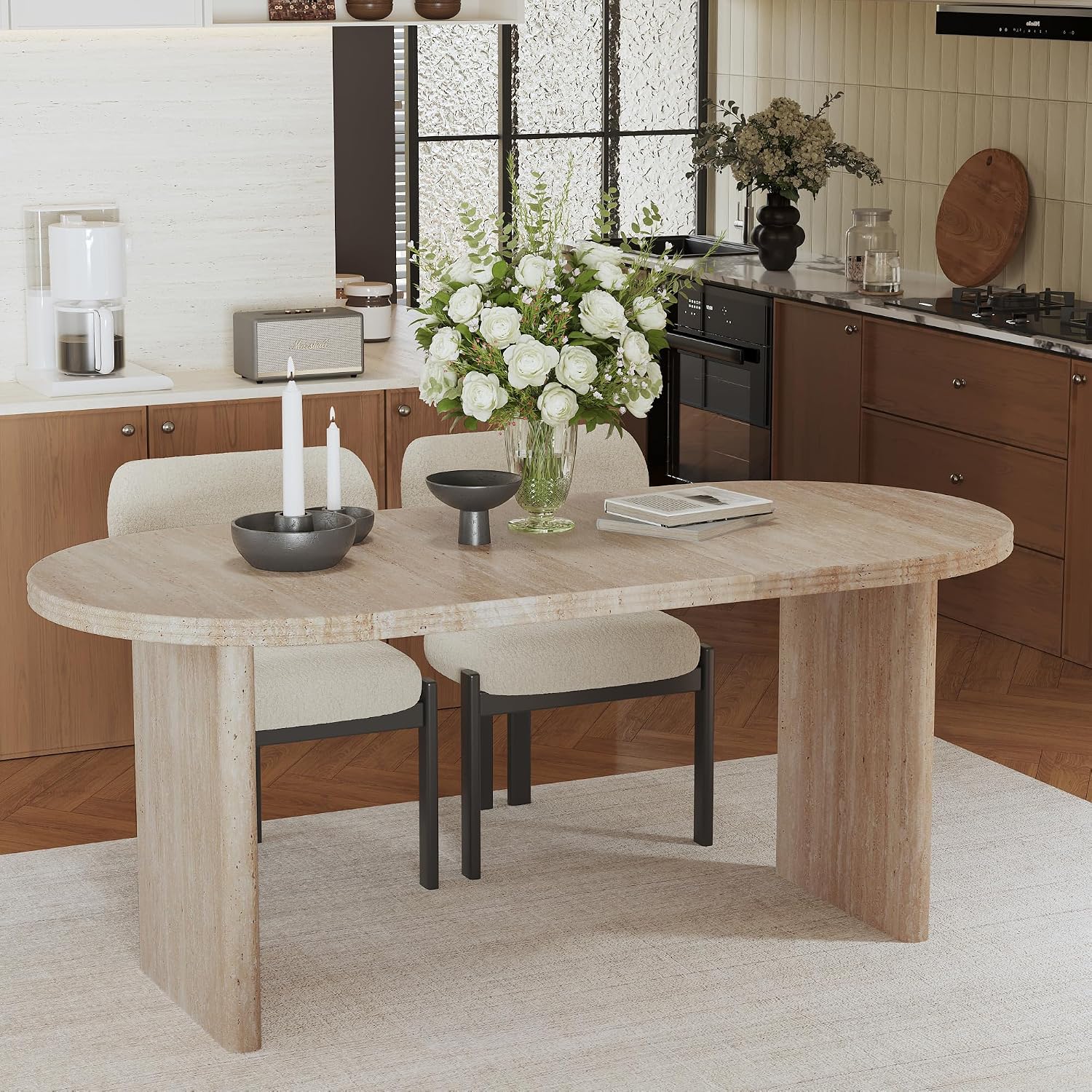 71" Accent White Extendable Dining Table, Mid-Century Modern Wood Oval Space Saving Extending Kitchen Tables for 2-6 People