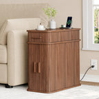 ONBRILL Fluted End Table with Charging Station, Narrow Side Table with Drawers, Wood Skinny Nightstand with Storage, Mid-Century Modern Bedside Tables for Small Space Living Room Bedroom Sofa Couch