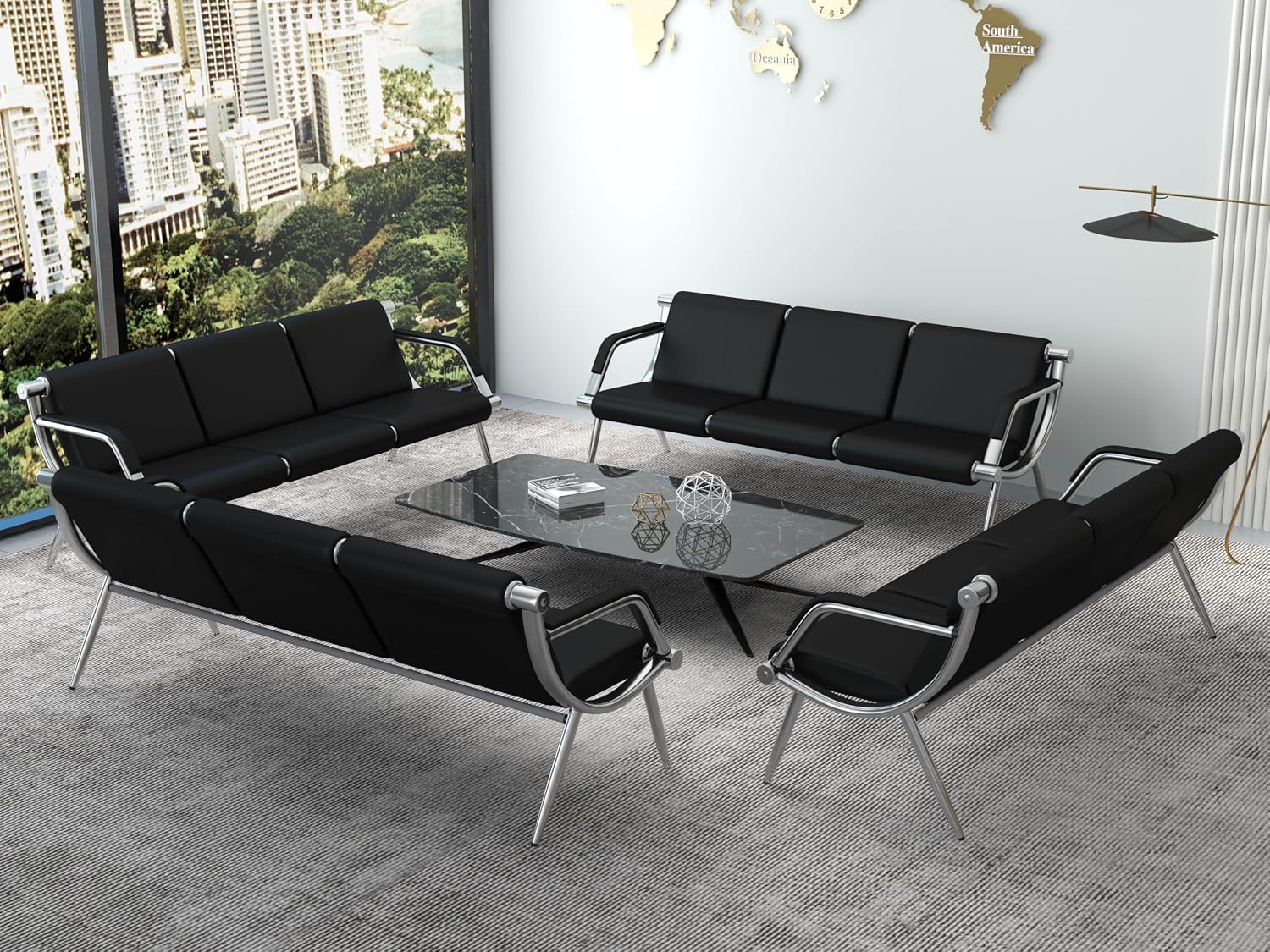 Kinsuite 9-Seat Office Reception Waiting Room Chairs - 3pcs 3-seat Guest & Reception Chairs for Salon Barber Bench Airport Bank Hall Visitor Guest Black PU Leather Office Sofa, Black