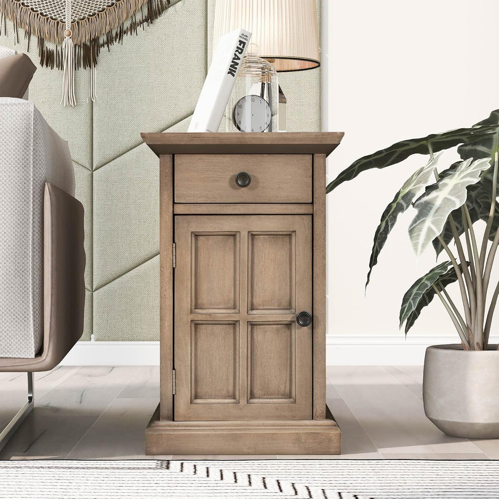 Merax Classic Vintage End Table Side Table with USB Ports & Outlets, One Multifunctional Drawer with Cup Holders, Storage Cabinet for Living Room & Bedroom, Antique Brown