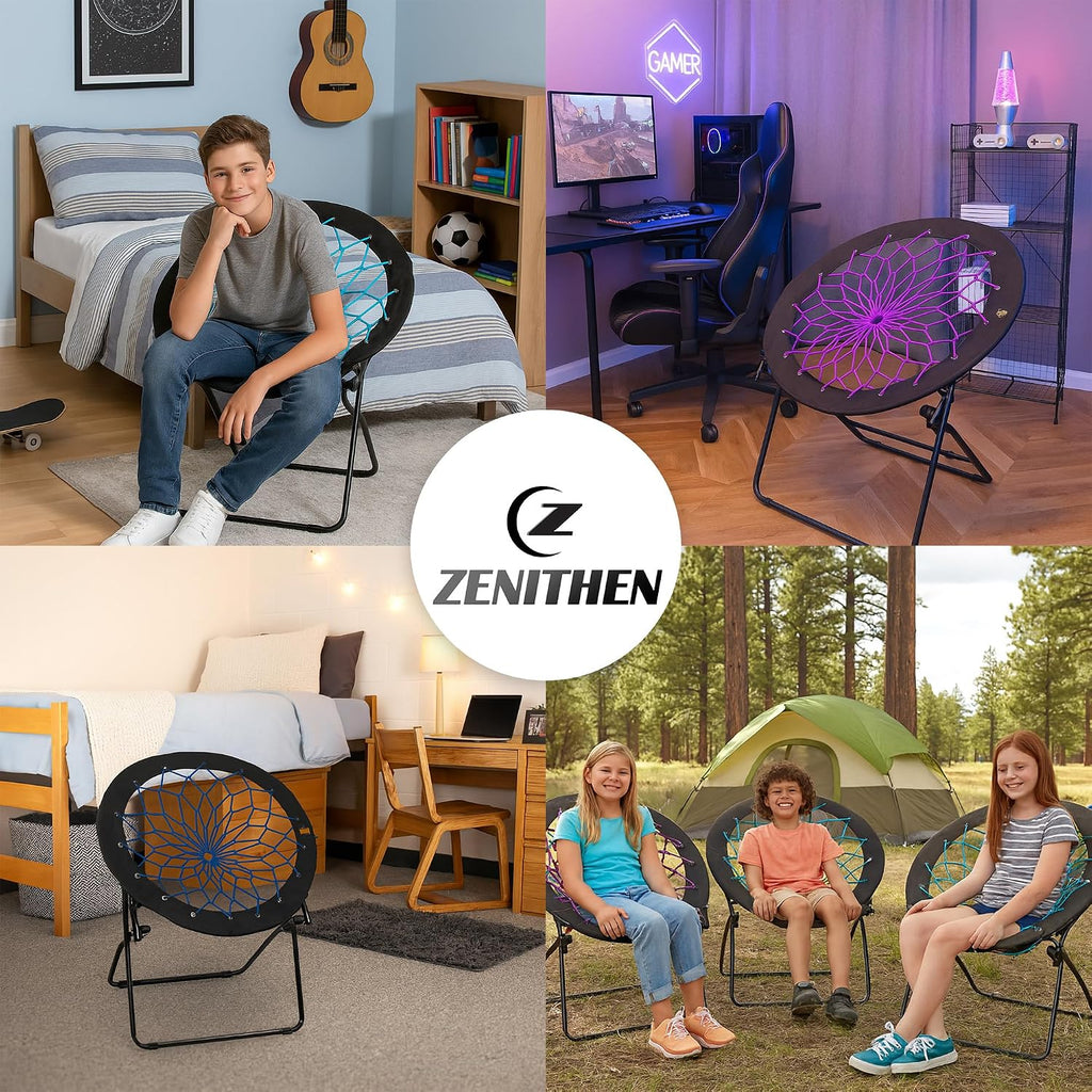 Zenithen Foldable 29" Bunjo Bungee Chairs, Plum, Indigo & Teal, 3-Pack