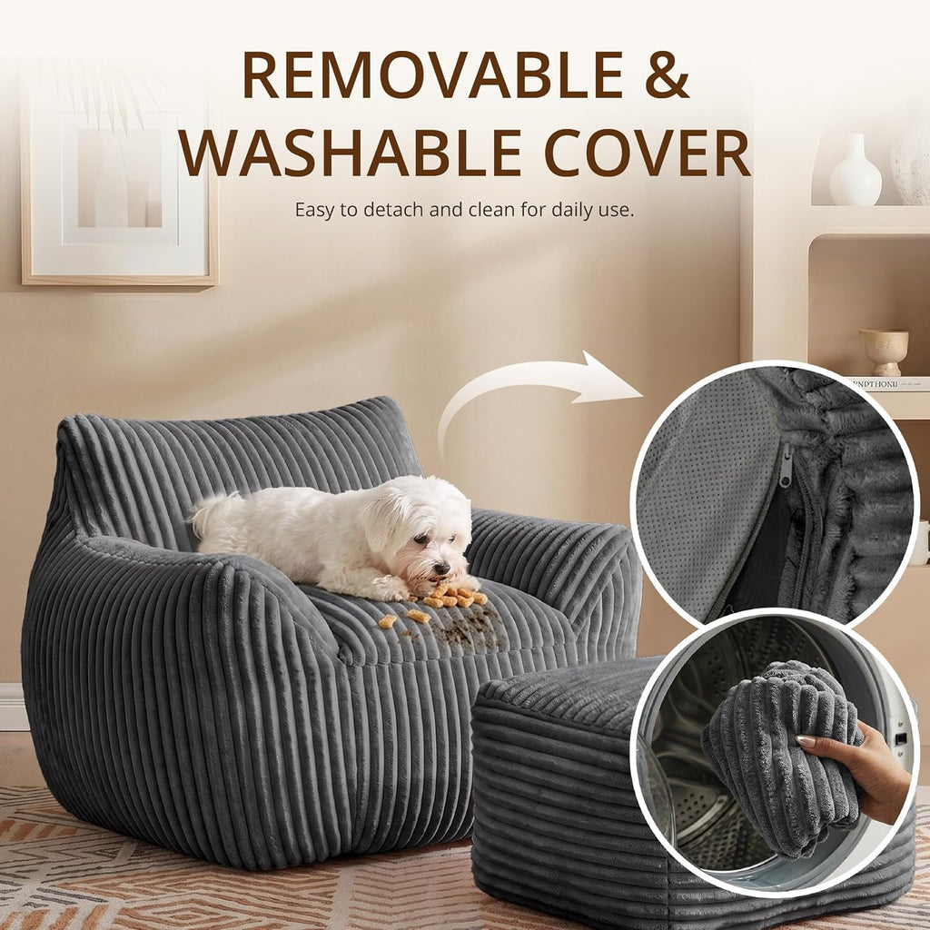 Giant Bean Bag Chair for Adults, Large Bean Bag with Ottoman | Cloud Comfy Bean Bag with Backrest & Armrests, Stuffed Beanbag Chair for Reading, Gaming, Napping, Gray