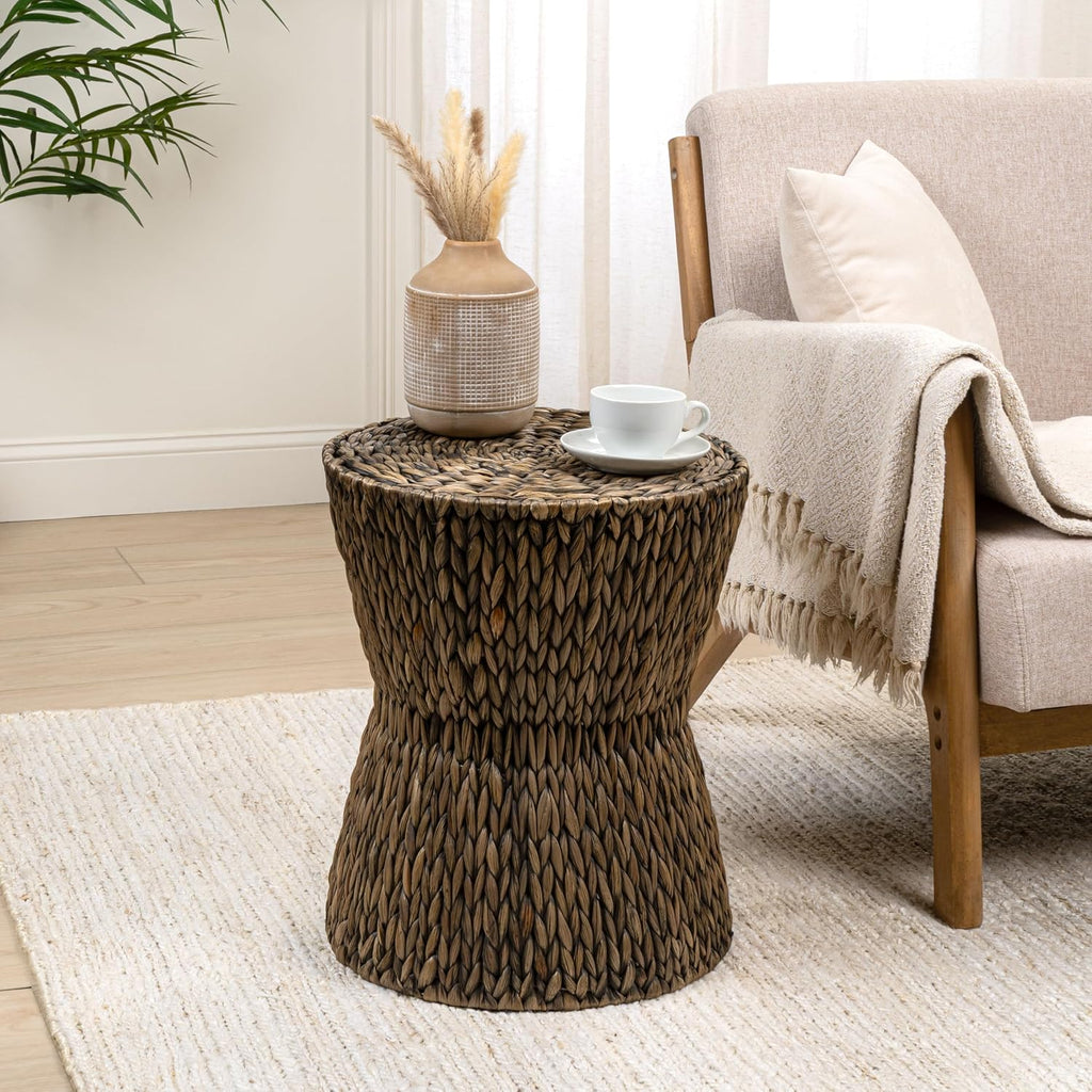 JONATHAN Y Natura 19" Handwoven Water Hyacinth Round Side Table, with Hourglass Silhouette and Metal Frame for Living Room, Bohemian Accent Table, Fully Assembled, Brown TBL2505B
