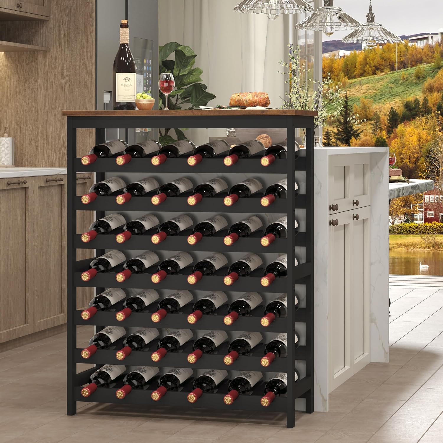42 Bottles Bamboo Wine Rack Freestanding Floor, 7-Tier Wine Storage Shelf with Table Top, Wine Display Holder for Kitchen Pantry Bar Cellar, Rustic Brown and Black