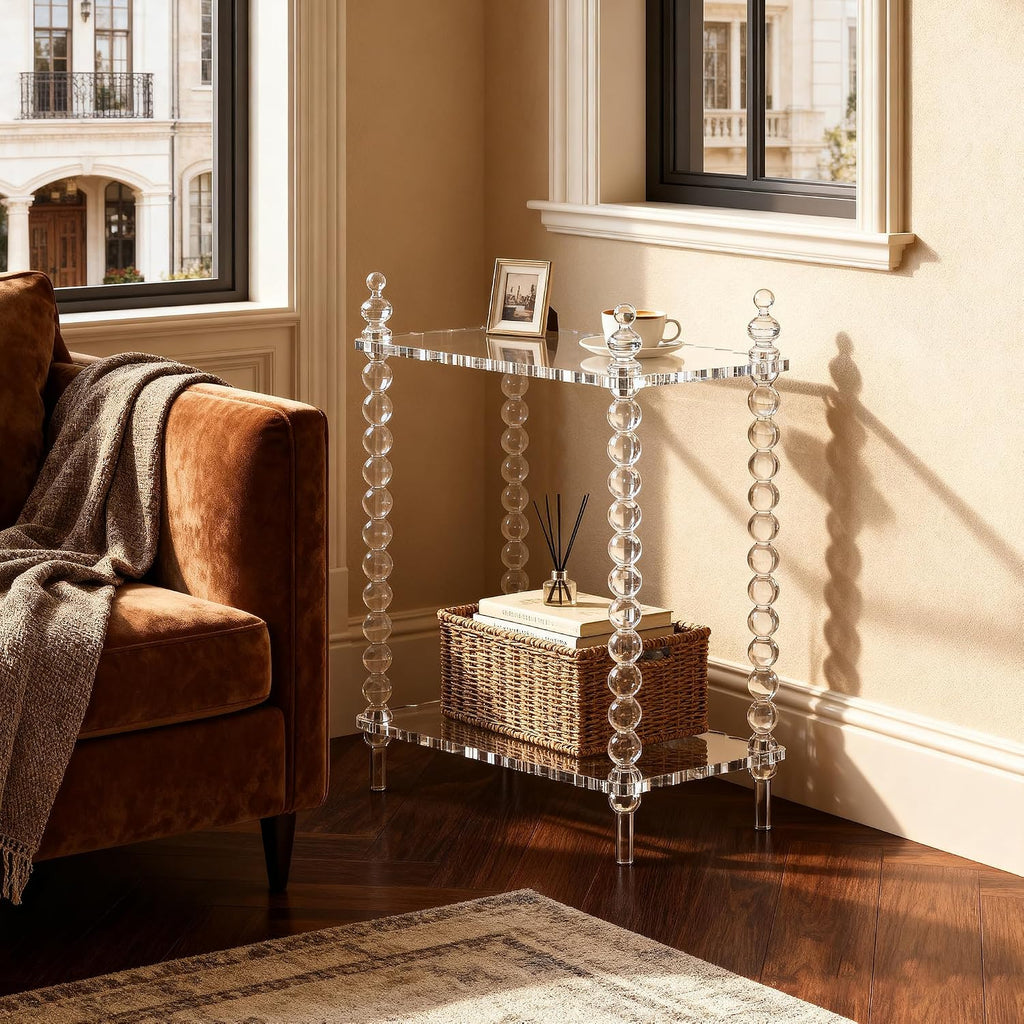 Acrylic Side Table 2-Tier, Clear Nightstand with Storage, Narrow Bedside End Table for Small Spaces (Clear, 20.7"×10.4“×25.9”)
