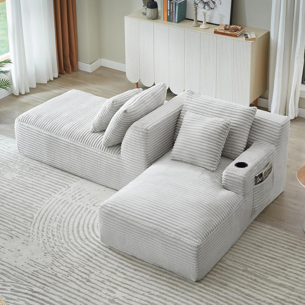 Eafurn Oversized Double Chaise Lounge Indoor with Cup Holders & Side Pocket, 71" Plush Corduroy Boneless Chaise Lounge Sofa with High Density Sponge & Deep High Seat Comfy Sleeper Couch Bed