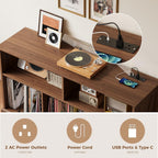 IRONCK 55in Mid-Century Modern Record Player Stand, Record Player Cabinet with Charging Station & USB Ports, Vinyl Record Storage Cabinet with Open Shelf for Living Room, Music Room, Walnut