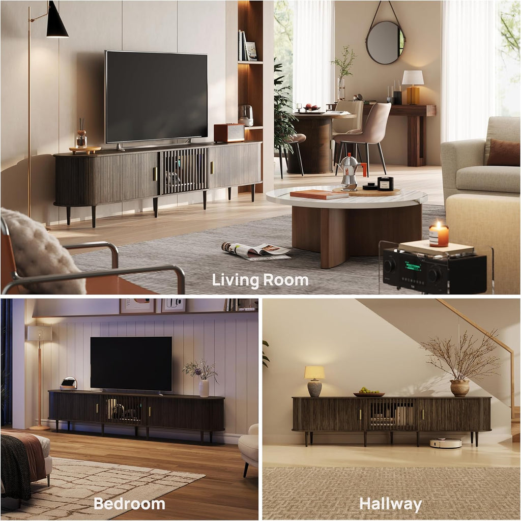 94.5" Fluted Mid Century Modern TV Stand for TVs Up to 80/85/86/90/98/100", Tambour Sliding Doors Entertainment Center with Storage&LED, Curved Media&TV Console Long TV Stands for Living Room, Walnut