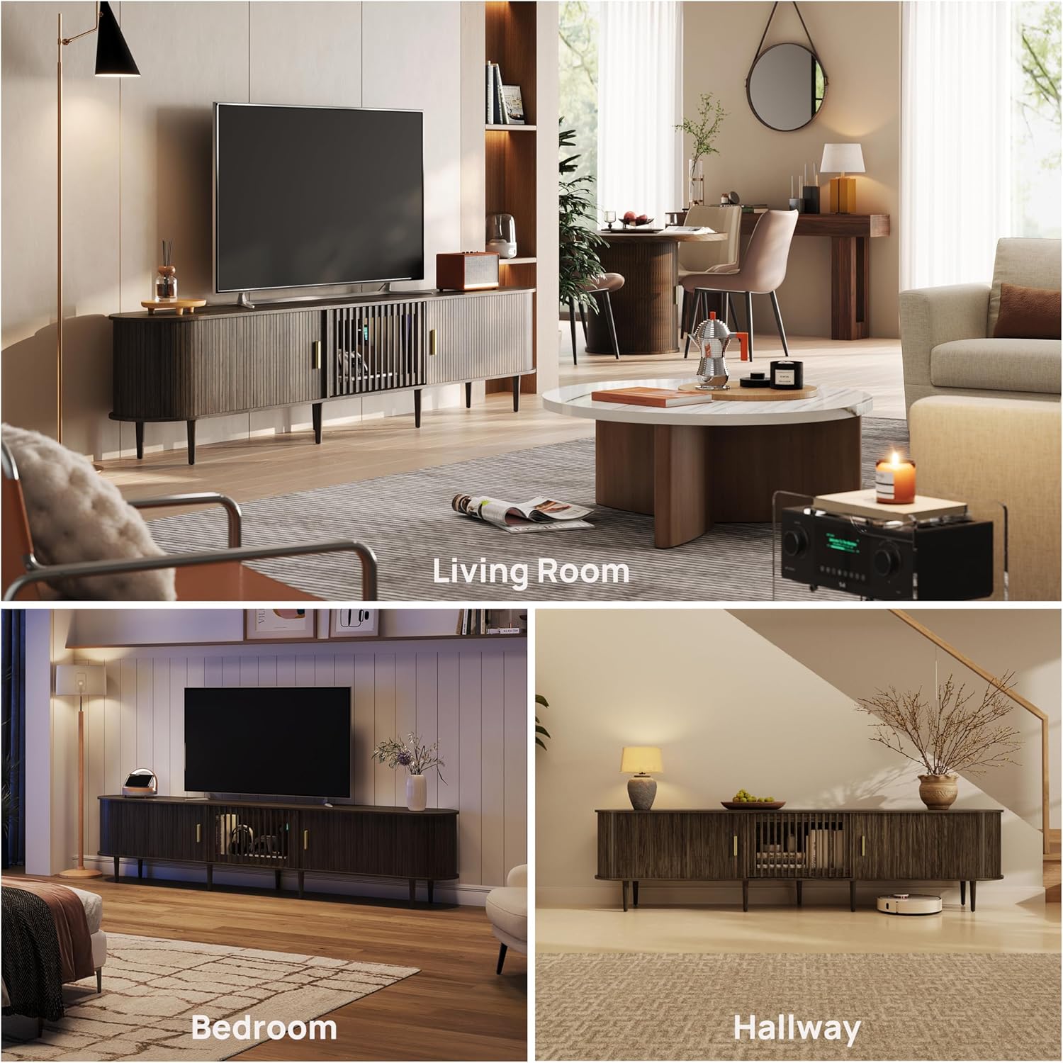 94.5" Fluted Mid Century Modern TV Stand for TVs Up to 80/85/86/90/98/100", Tambour Sliding Doors Entertainment Center with Storage&LED, Curved Media&TV Console Long TV Stands for Living Room, Walnut