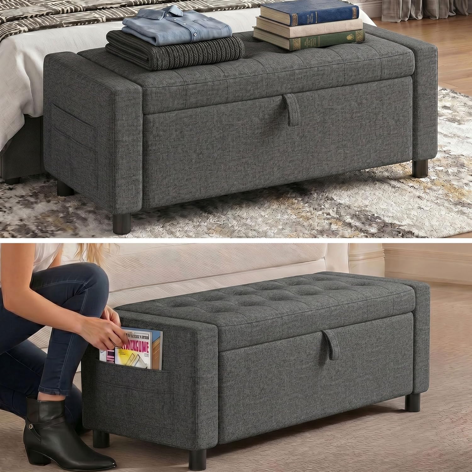 Marsail Upholstered Bench Rectangle Ottoman with Storage Bench for Bedroom End of Bed, Tufted Ottoman with Cushion, Modern Benches for Foot of Bed, Living Room, Entryway, Grey