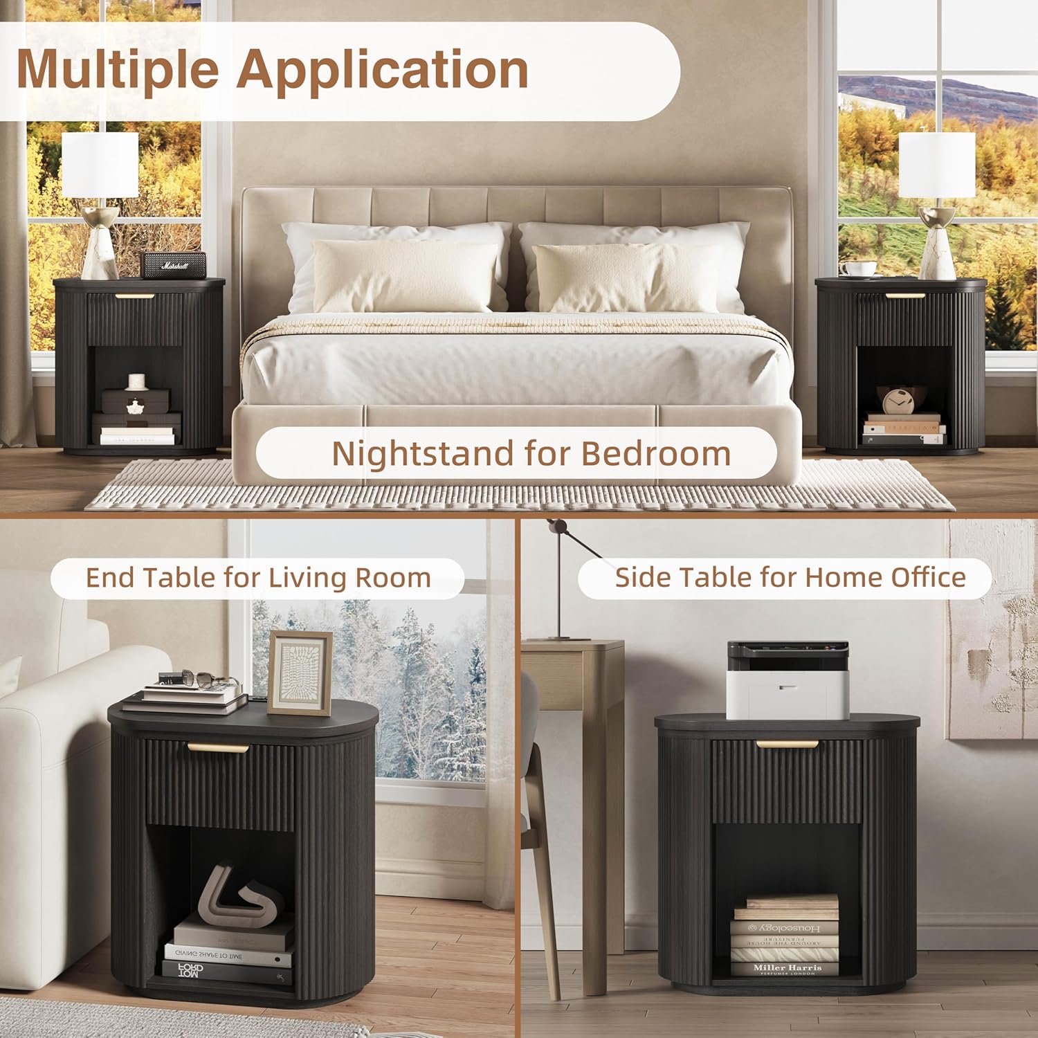 MECHYIN Fluted Nightstand with Charging Station Large 23.6" Round Bedside Table,Black