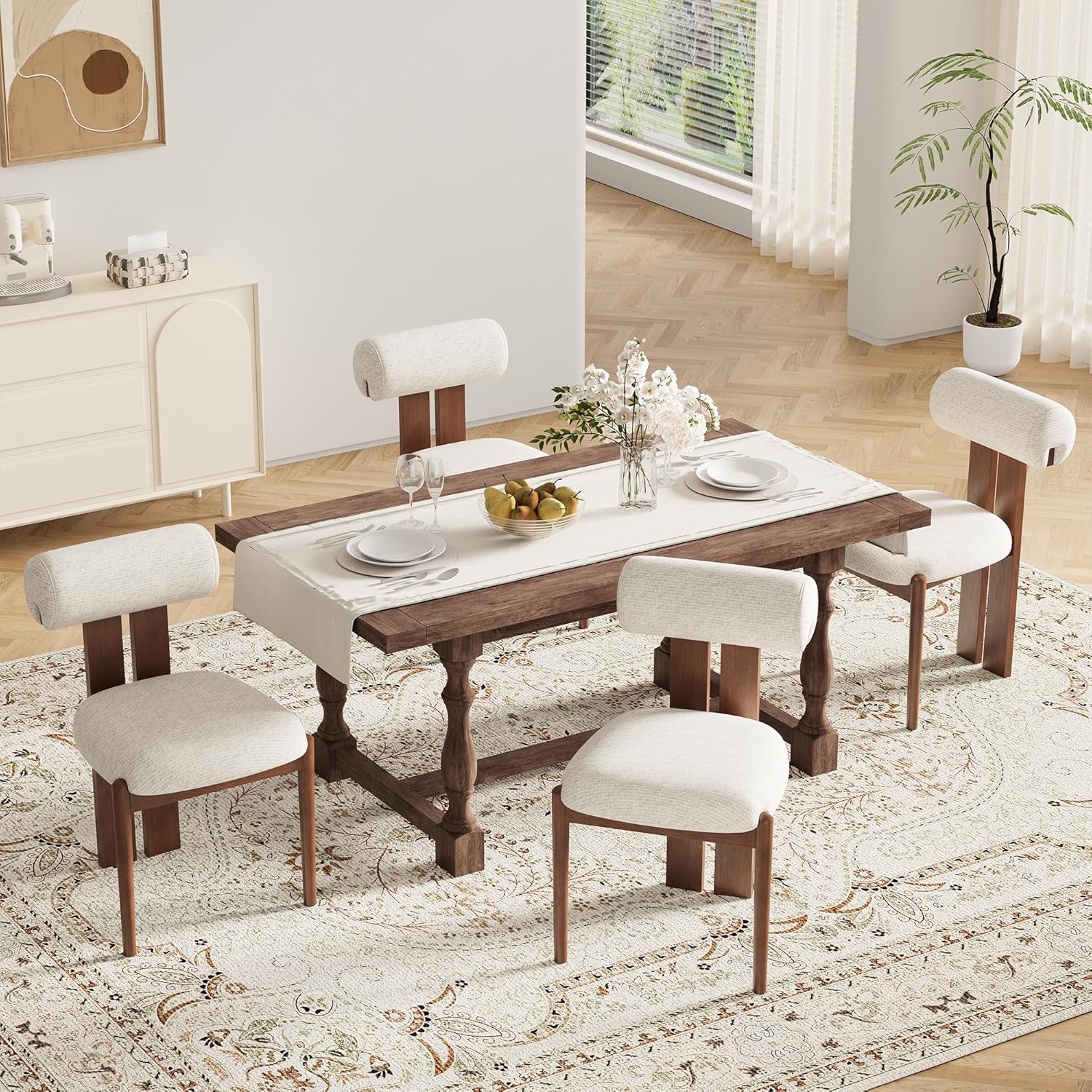 MALOL Modern Wooden Dining Chairs Set of 2, Upholstered Fabric Kitchen Chairs with Sculptural Backrest, Mid-Century Farmhouse Dining Room Chairs with Solid Wood Legs, Beige