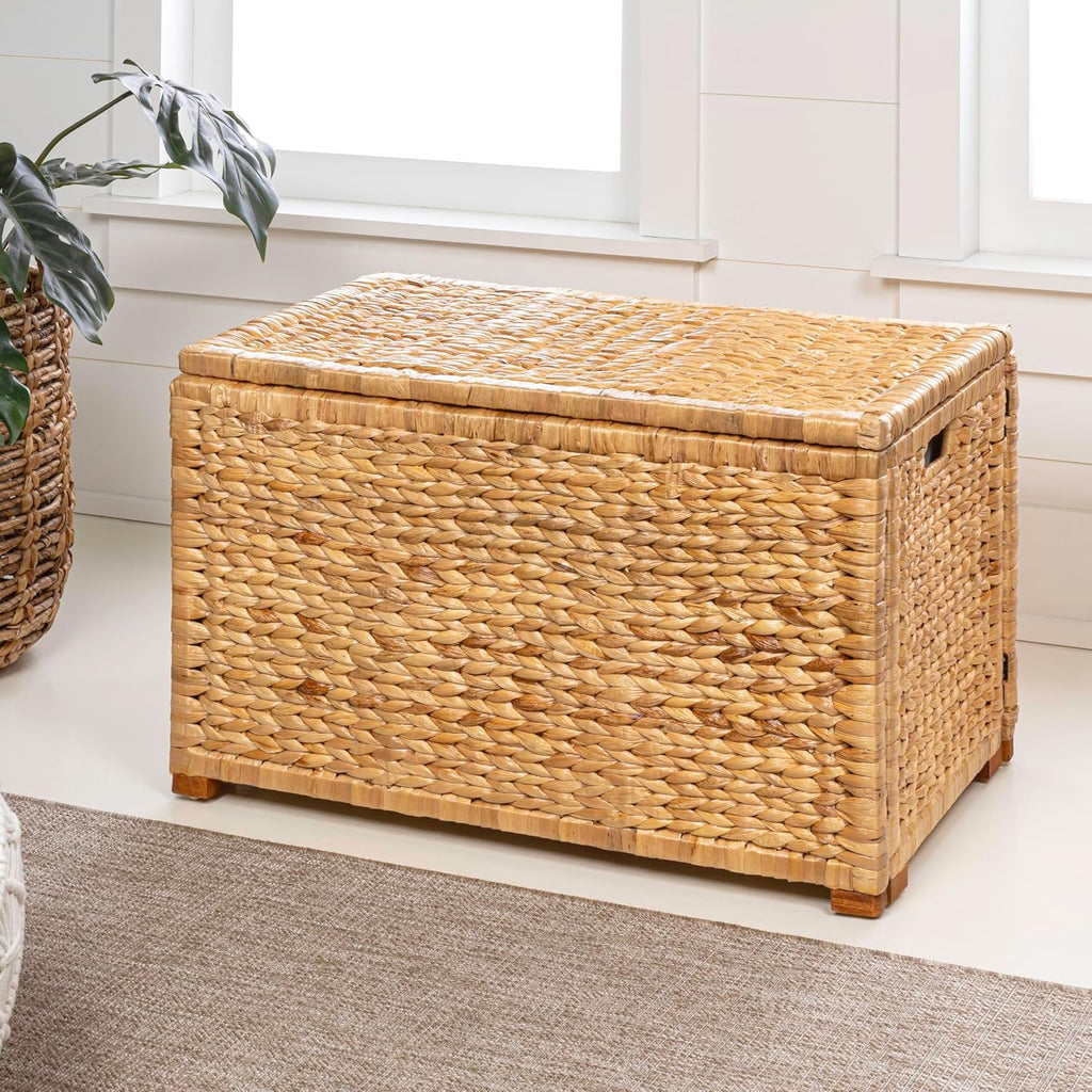 happimess HPM9005A Anada Wicker Weave 30" Storage Trunk, Wooden Frame/Water Hyacinth, Farmhouse, Transitional, Coastal, Rustic for Office, Dorm Room, Living-Room, Bedroom, Dining-Room, Natural