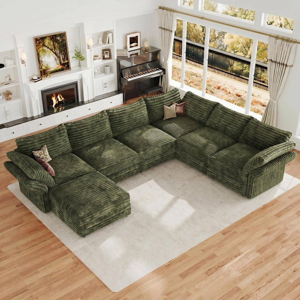DreamDashio 7-Seat Sectional Sofa, Oversized Extra Wide Deep Seat Giant Detachable Modular Cloud Couch, Certified Corduroy Fabric with Storage & Detachable & Adjustable Arms, for Living Room, Green