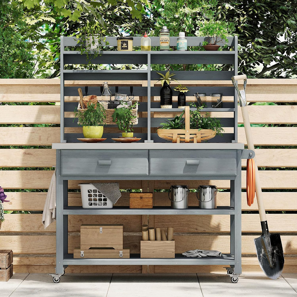 64.9" H Outdoor Potting Bench Table with Lockable Wheels, Solid Wood Outdoor Cabinet with Upper Hutch, Towel Rack,Outdoor Storage for Lawn Garden, Grey Blue