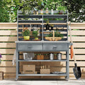 64.9" H Outdoor Potting Bench Table with Lockable Wheels, Solid Wood Outdoor Cabinet with Upper Hutch, Towel Rack,Outdoor Storage for Lawn Garden, Grey Blue