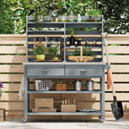 64.9" H Outdoor Potting Bench Table with Lockable Wheels, Solid Wood Outdoor Cabinet with Upper Hutch, Towel Rack,Outdoor Storage for Lawn Garden, Grey Blue
