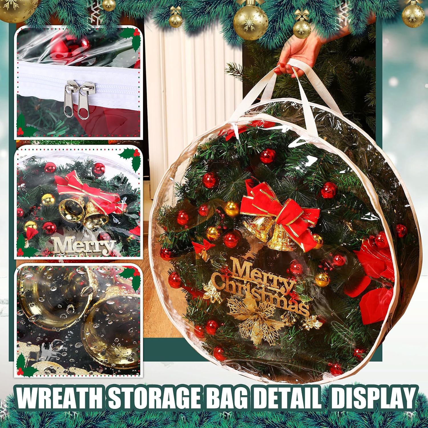 Zhengmy 15 Pcs 24 Inch Christmas Wreath Storage Bags Transparent Wreath Storage Container Bulk Wreaths Box with Dual Zippers and Handles for Xmas Holiday Wreaths Garland