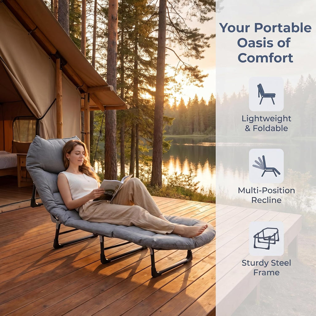 Folding Camping Cot Bed, Gray | 5-Position Adjustable Backrest, 550LBS Heavy Duty Steel Frame, Padded Lounge Chair, Side Pocket
