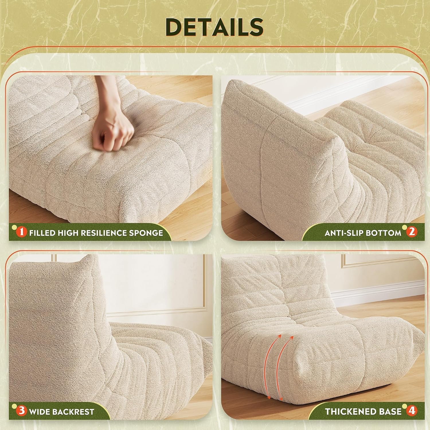 WLIVE Bean Bag Chair for Adults, Teddy Fleece Togo Chair, Giant, Memory Foam, for Living Room and Bedroom, Single, Beige