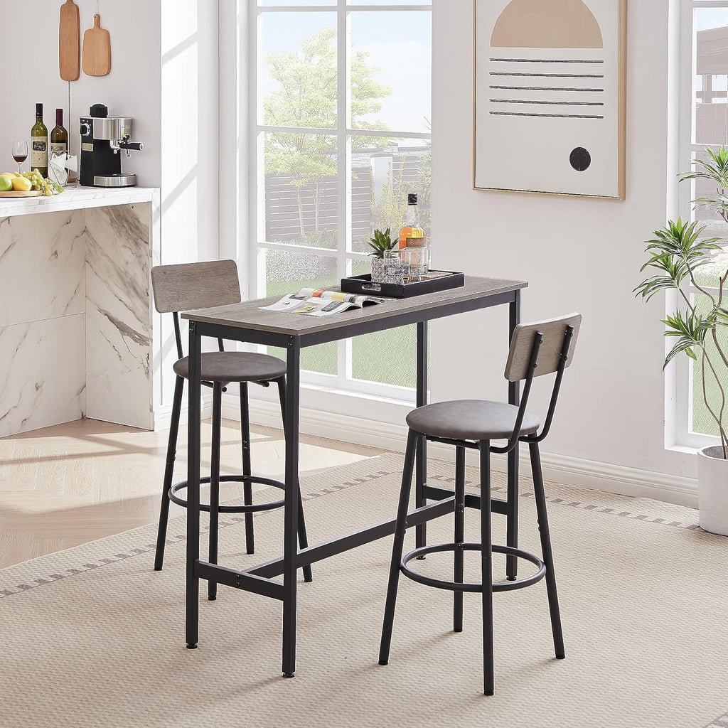 Bar Table for 2,3 Piece Industrial Bar Table and 2 Bar Stools with PU Leather Backrest,Counter Height Kitchen Dining Table with Chairs for Dining Room,Space Saving Breakfast Bar,Rustic Gray