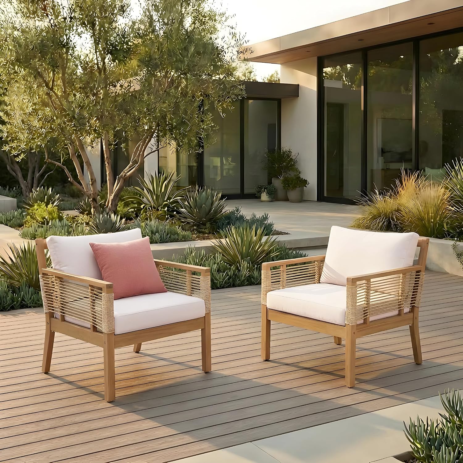 JIVOIT Acacia Wood Club Chairs Set of 2, Outdoor Patio Club Chairs with Hand-Woven Twist Rope, Cushions and Pillows, Adjustable Foot Pads, 400lbs Weight Support, Ideal for Backyard, Poolside