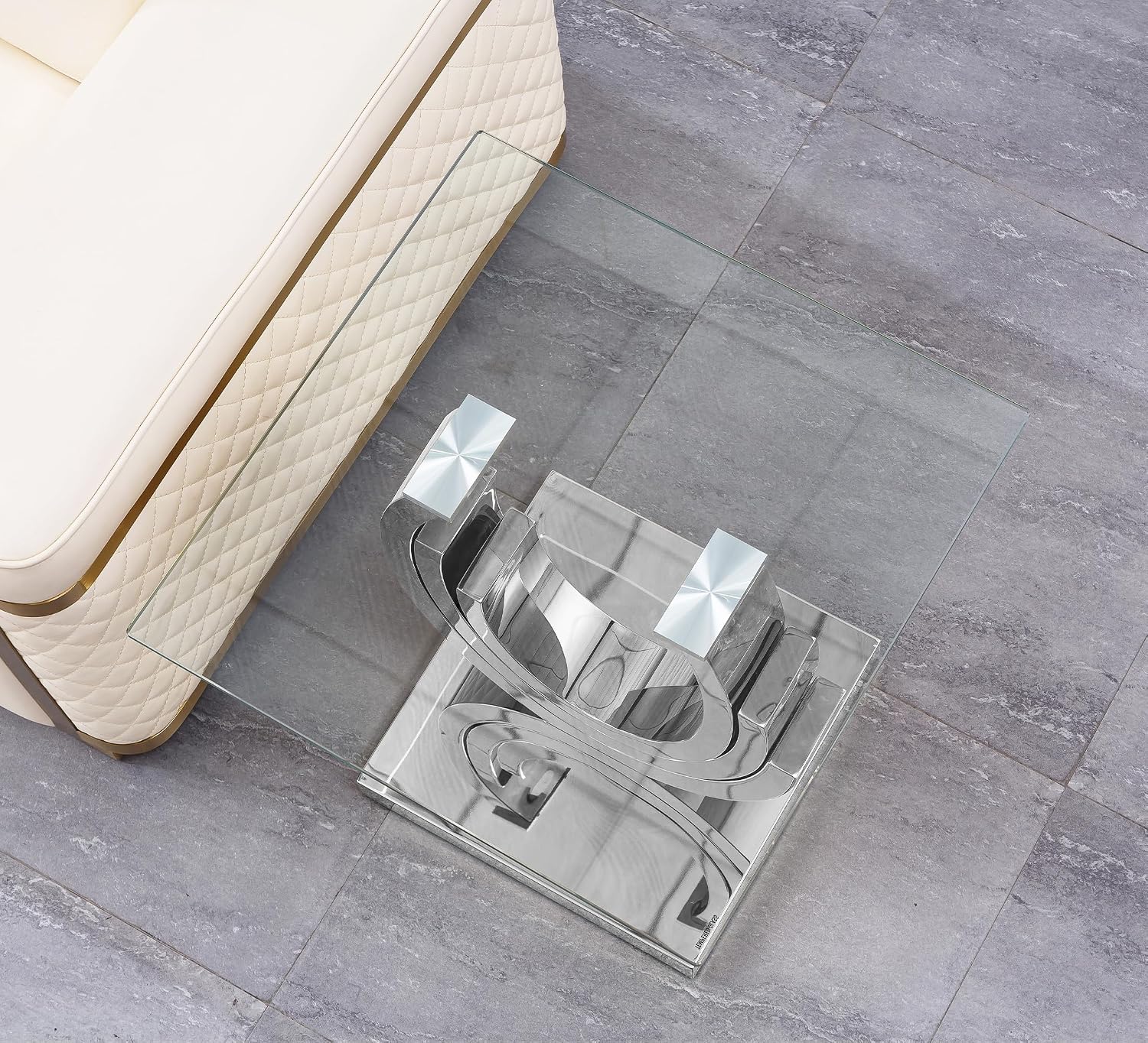 Luxury Silver Glass End Table Modern Square Sofa Side Table with Mirrored Stainless Steel Base and Clear Glass Top for Living Room Home Office Bedroom Table (Silver)
