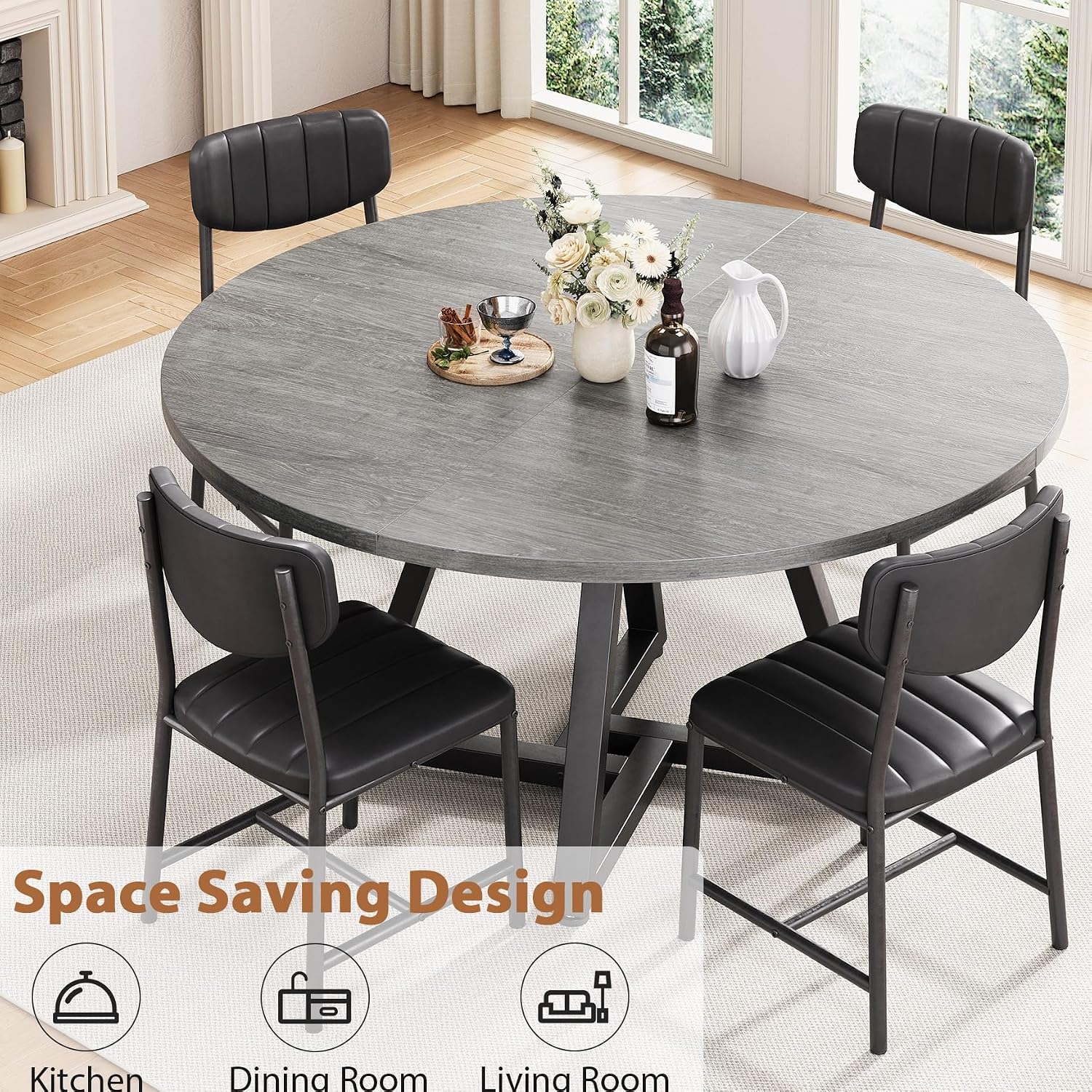 Jocoevol 42'' Round Dining Table Kitchen Dining Room Circle Dinner Pedestal Table for 4, Space Saving Wood Kitchen & Dining Room Furniture (Grey)