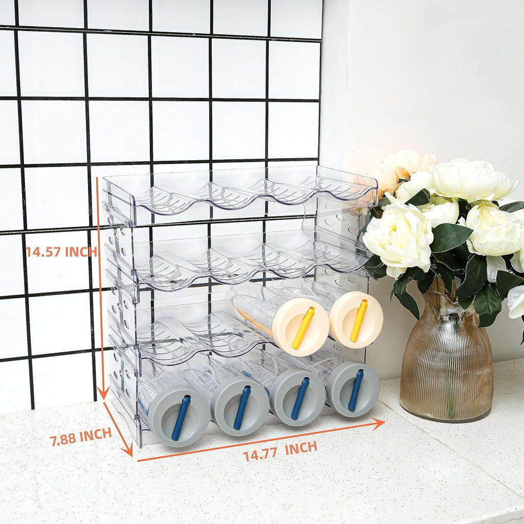 IEEK Plastic Stackable Bottle Storage Holder Rack Holds 16 Bottles,Free-Standing Water Bottle/Wine and Drink Organizer Shelf for Kitchen Cabinet,Fridge,Countertop,Pantry,Freezer,4 PackX4 Bottles,Clear
