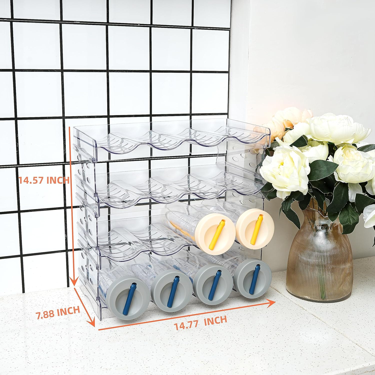 IEEK Plastic Stackable Bottle Storage Holder Rack Holds 16 Bottles,Free-Standing Water Bottle/Wine and Drink Organizer Shelf for Kitchen Cabinet,Fridge,Countertop,Pantry,Freezer,4 PackX4 Bottles,Clear